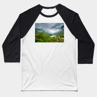 Lake in the mountains on a foggy day Baseball T-Shirt